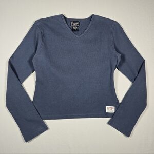 Vintage Y2K Abercrombie & Fitch Navy Blue V-Neck Long Sleeve Top w/ Logo Patch